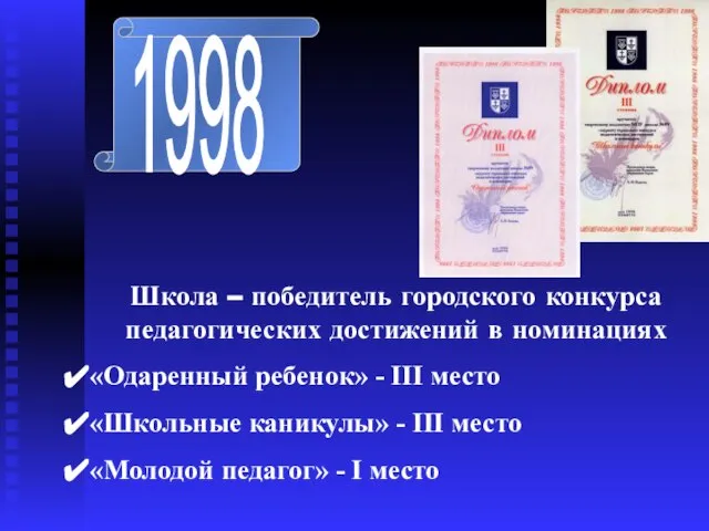 1998 Школа – победитель городского конкурса педагогических достижений в номинациях «Одаренный ребенок»