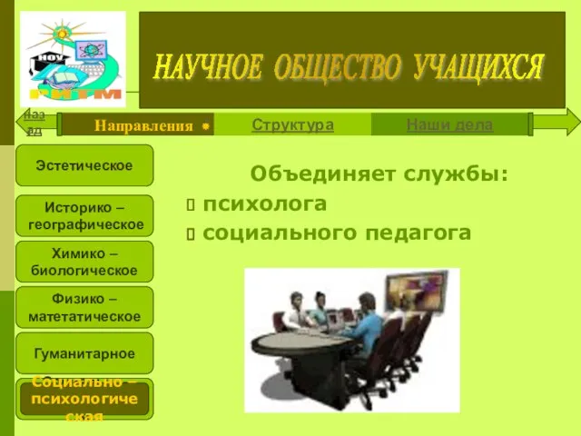 Объединяет службы: психолога социального педагога Социально – психологическая назад *