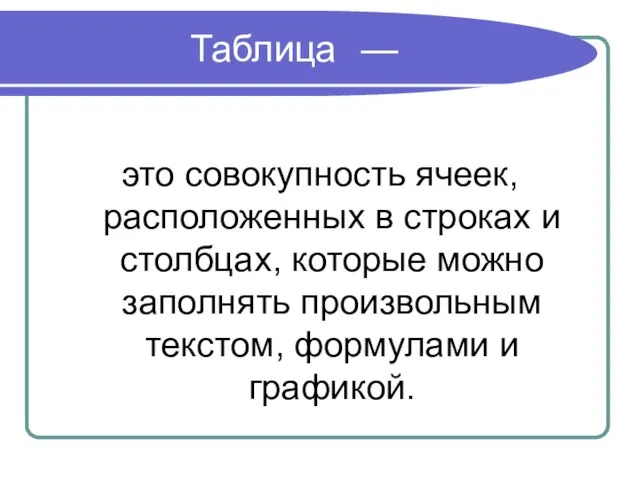 Таблица — это совокупность ячеек, расположенных в строках и столбцах, которые можно