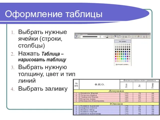 Оформление таблицы Выбрать нужные ячейки (строки, столбцы) Нажать Таблица – нарисовать таблицу