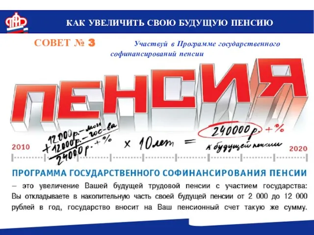 КАК УВЕЛИЧИТЬ СВОЮ БУДУЩУЮ ПЕНСИЮ СОВЕТ № 3 Участвуй в Программе государственного софинансирований пенсии