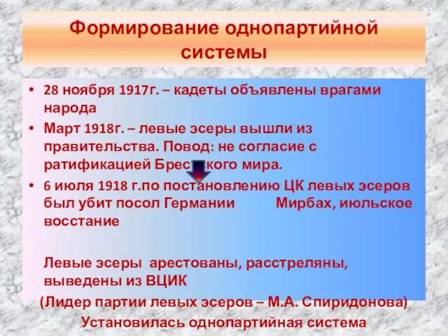 Формирование однопартийной системы 28 ноября 1917г. – кадеты объявлены врагами народа Март
