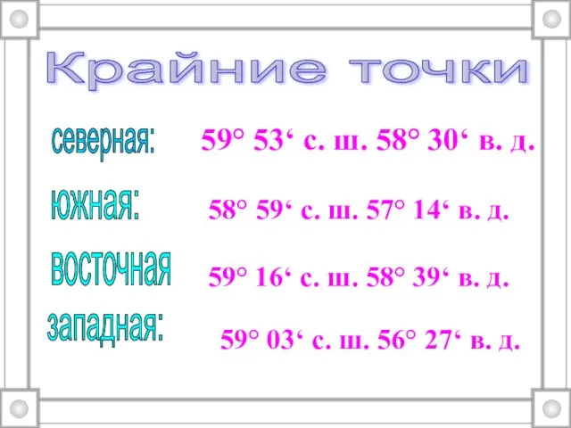 Крайние точки северная: южная: восточная западная: 59° 53‘ с. ш. 58° 30‘