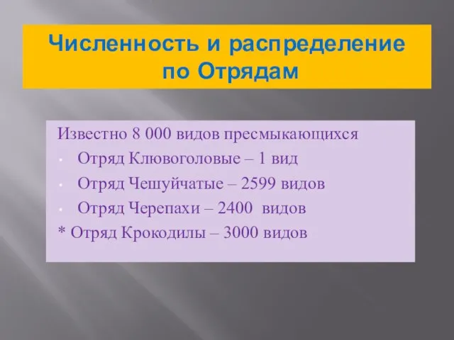 Численность и распределение по Отрядам Известно 8 000 видов пресмыкающихся Отряд Клювоголовые