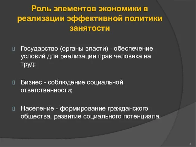 Роль элементов экономики в реализации эффективной политики занятости Государство (органы власти) -