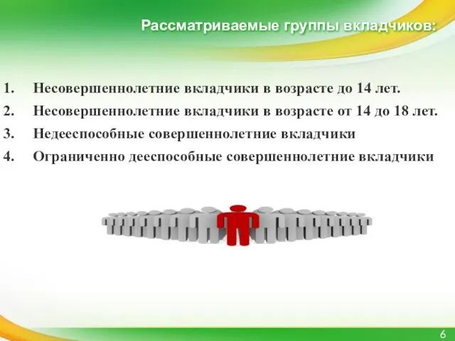 Рассматриваемые группы вкладчиков: Несовершеннолетние вкладчики в возрасте до 14 лет. Несовершеннолетние вкладчики