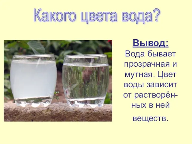 Какого цвета вода? Вывод: Вода бывает прозрачная и мутная. Цвет воды зависит