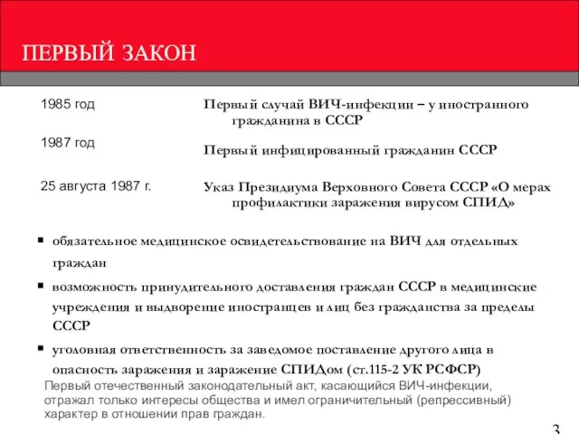 ПЕРВЫЙ ЗАКОН 1985 год 1987 год 25 августа 1987 г. Первый случай