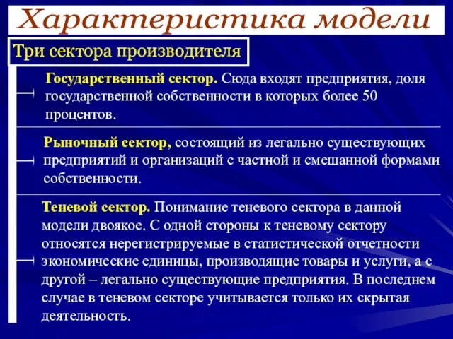 Характеристика модели Три сектора производителя Государственный сектор. Сюда входят предприятия, доля государственной