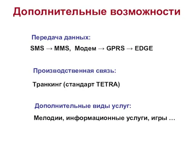 Дополнительные возможности SMS → MMS, Модем → GPRS → EDGE Передача данных: