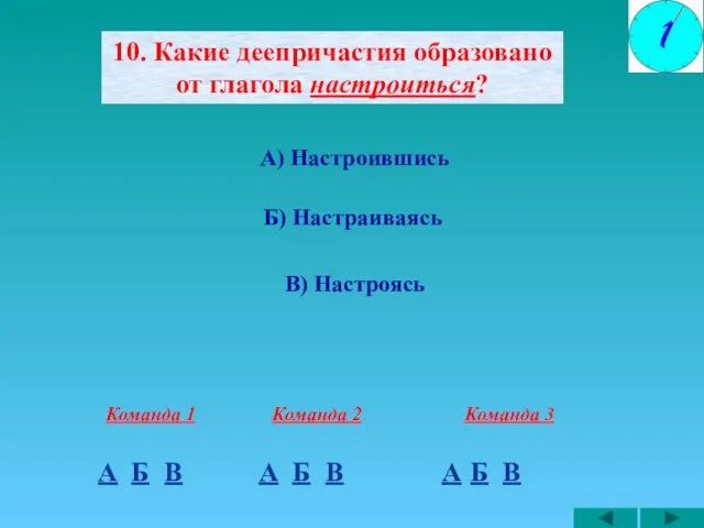 10. Какие деепричастия образовано от глагола настроиться? А) Настроившись Б) Настраиваясь А