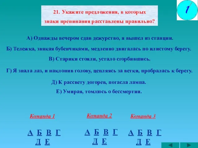 21. Укажите предложения, в которых знаки препинания расставлены правильно? А) Однажды вечером