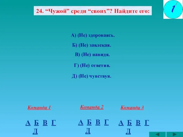 24. “Чужой” среди “своих”? Найдите его: А) (Не) здороваясь. В) (Не) навидя.