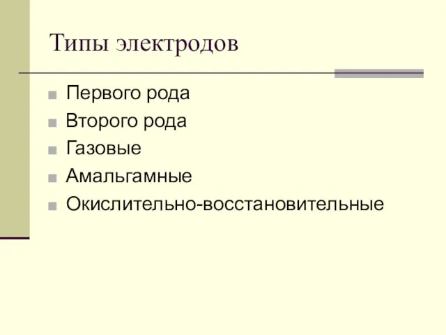 Типы электродов Первого рода Второго рода Газовые Амальгамные Окислительно-восстановительные