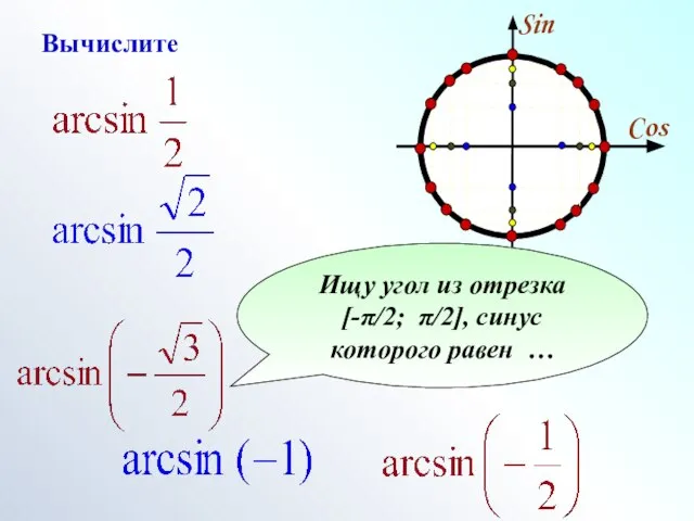 Ищу угол из отрезка [-π/2; π/2], синус которого равен … Вычислите