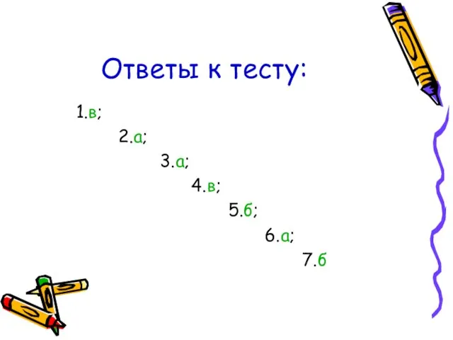 Ответы к тесту: 1.в; 2.а; 3.а; 4.в; 5.б; 6.а; 7.б