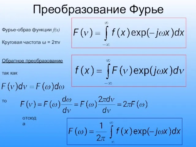 Преобразование Фурье Фурье-образ функции f(x) Круговая частота ω = 2πν Обратное преобразование так как то отсюда