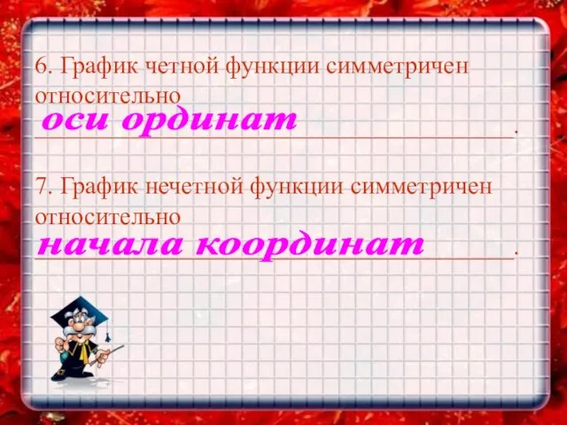 6. График четной функции симметричен относительно ______________________________________. 7. График нечетной функции симметричен