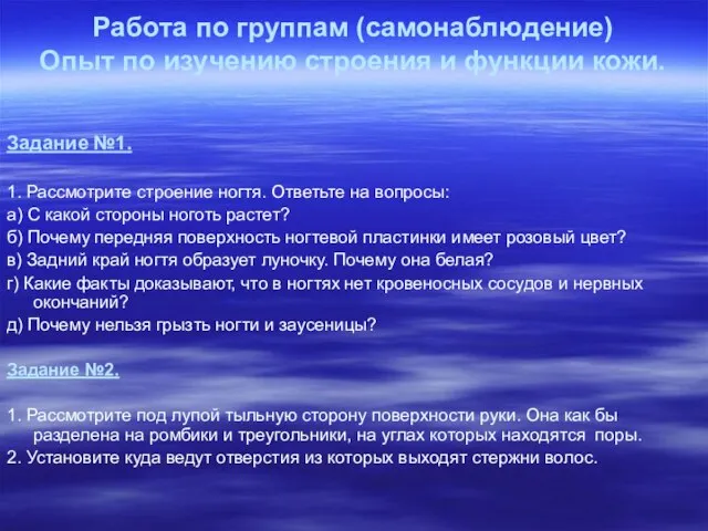 Работа по группам (самонаблюдение) Опыт по изучению строения и функции кожи. Задание