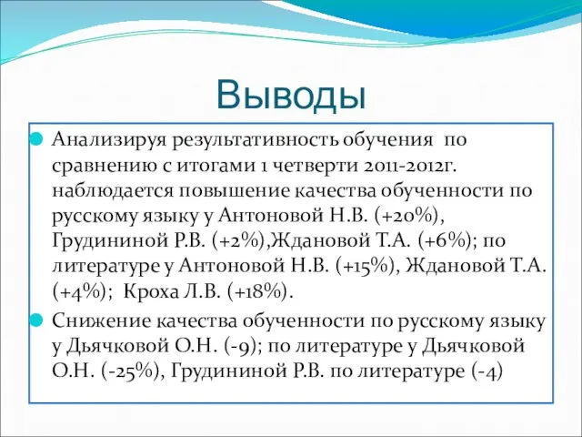 Выводы Анализируя результативность обучения по сравнению с итогами 1 четверти 2011-2012г. наблюдается