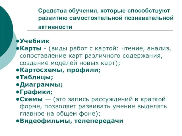 Средства обучения, которые способствуют развитию самостоятельной познавательной активности Учебник Карты - (виды