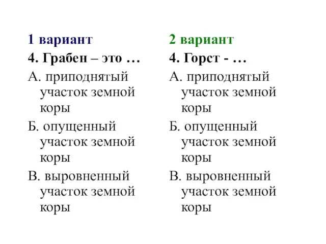 1 вариант 4. Грабен – это … А. приподнятый участок земной коры