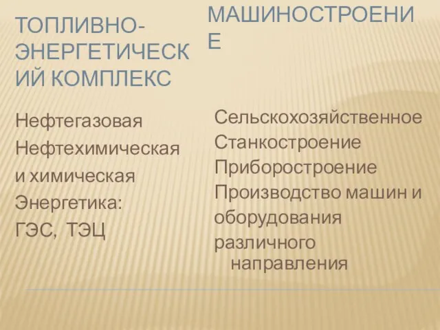 ТОПЛИВНО-ЭНЕРГЕТИЧЕСКИЙ КОМПЛЕКС МАШИНОСТРОЕНИЕ Нефтегазовая Нефтехимическая и химическая Энергетика: ГЭС, ТЭЦ Сельскохозяйственное Станкостроение