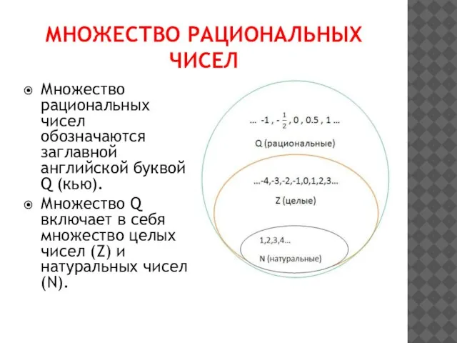 МНОЖЕСТВО РАЦИОНАЛЬНЫХ ЧИСЕЛ Множество рациональных чисел обозначаются заглавной английской буквой Q (кью).