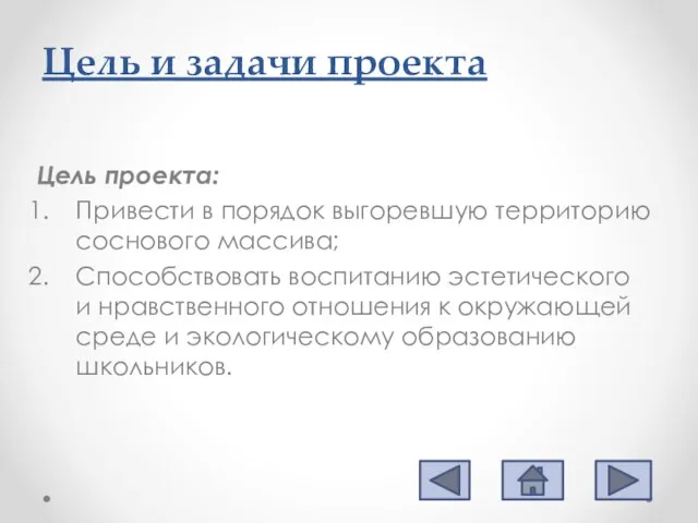 Цель и задачи проекта Цель проекта: Привести в порядок выгоревшую территорию соснового