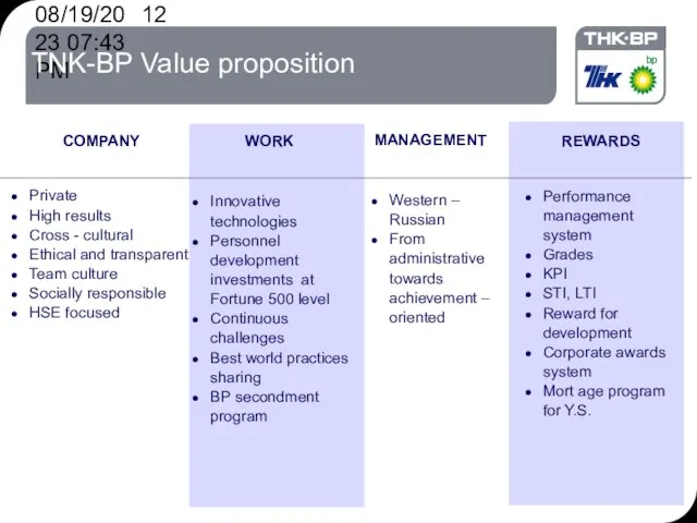 08/19/2023 07:43 PM TNK-BP Value proposition Western – Russian From administrative towards