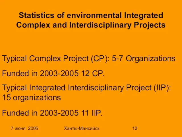 7 июня 2005 Ханты-Мансийск Statistics of environmental Integrated Complex and Interdisciplinary Projects