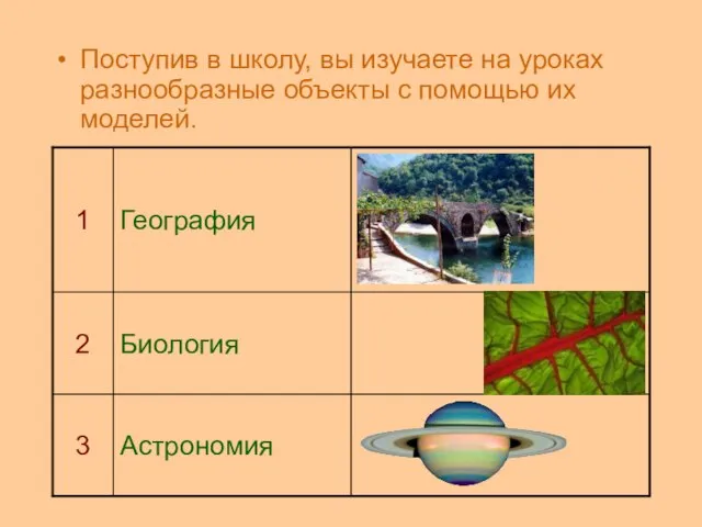 Поступив в школу, вы изучаете на уроках разнообразные объекты с помощью их моделей.