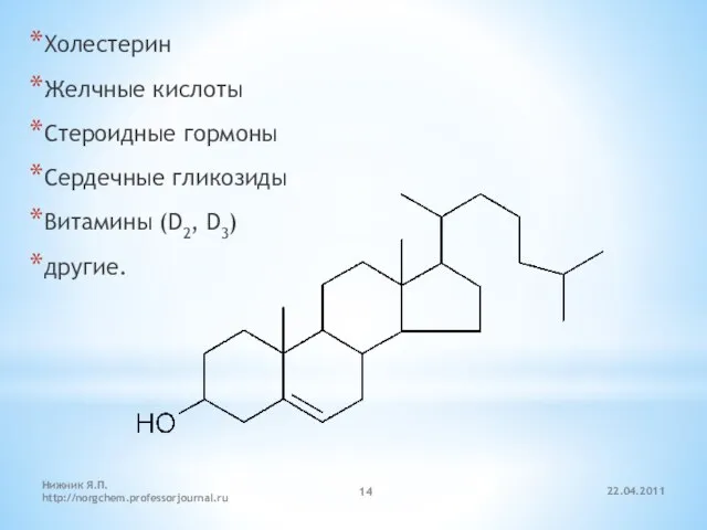 22.04.2011 Нижник Я.П. http://norgchem.professorjournal.ru Холестерин Желчные кислоты Стероидные гормоны Сердечные гликозиды Витамины (D2, D3) другие.