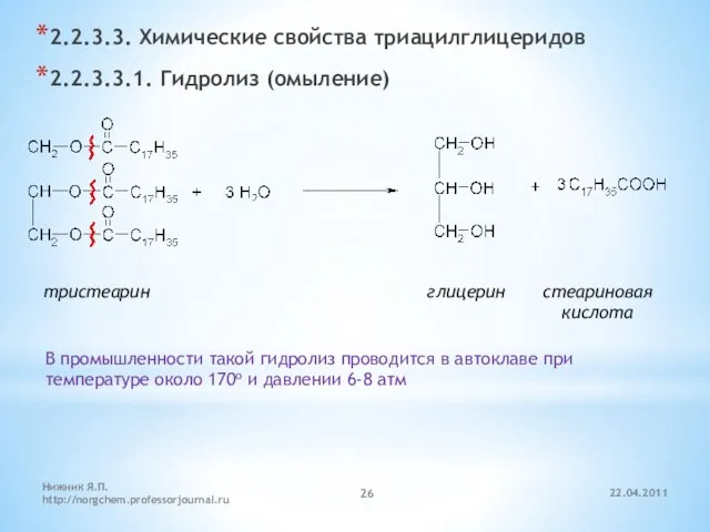 22.04.2011 Нижник Я.П. http://norgchem.professorjournal.ru 2.2.3.3. Химические свойства триацилглицеридов 2.2.3.3.1. Гидролиз (омыление) тристеарин