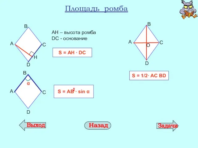 Площадь ромба АН – высота ромба DС - основание S = АH
