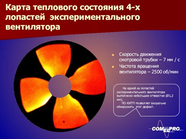 Карта теплового состояния 4-х лопастей экспериментального вентилятора Скорость движения смотровой трубки –