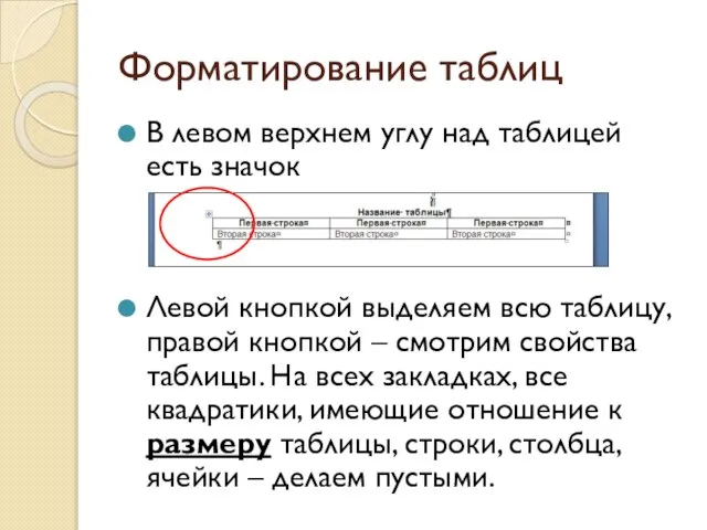 Форматирование таблиц В левом верхнем углу над таблицей есть значок Левой кнопкой