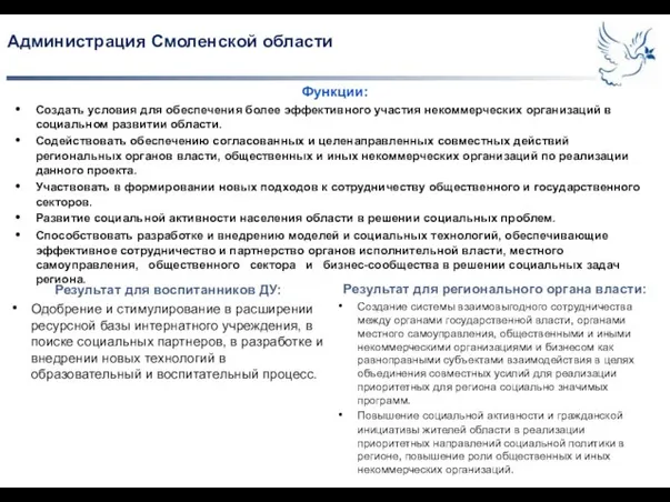 Администрация Смоленской области Функции: Создать условия для обеспечения более эффективного участия некоммерческих