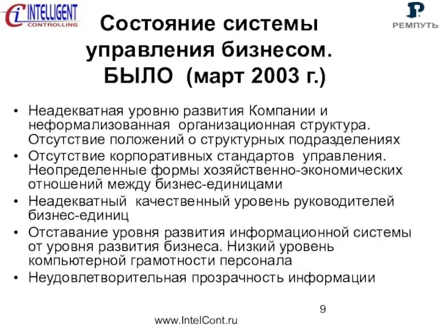 www.IntelCont.ru Состояние системы управления бизнесом. БЫЛО (март 2003 г.) Неадекватная уровню развития