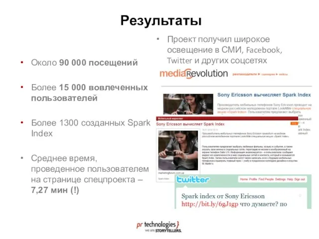 Результаты Около 90 000 посещений Более 15 000 вовлеченных пользователей Более 1300