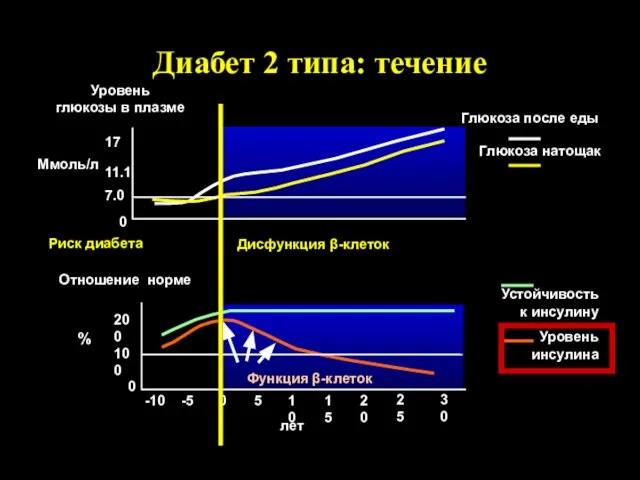 Диабет 2 типа: течение Уровень глюкозы в плазме Отношение норме 7.0 11.1
