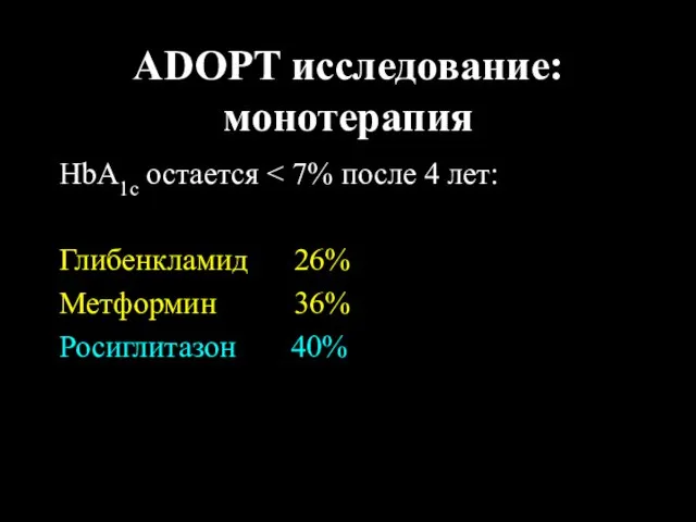 ADOPT исследование: монотерапия HbA1c остается Глибенкламид 26% Метформин 36% Росиглитазон 40%