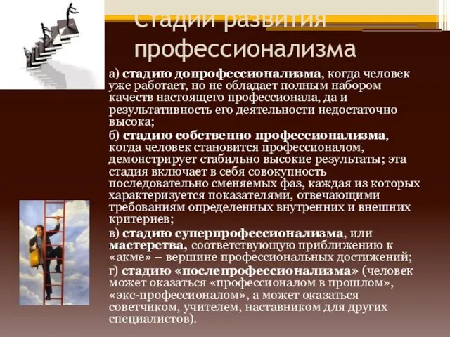 Стадии развития профессионализма а) стадию допрофессионализма, когда человек уже работает, но не