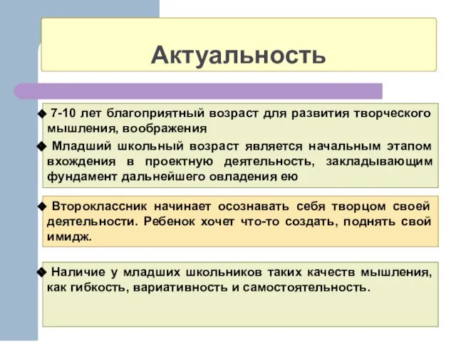 Актуальность 7-10 лет благоприятный возраст для развития творческого мышления, воображения Младший школьный