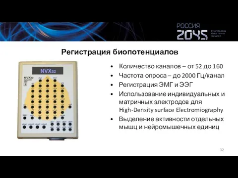 Регистрация биопотенциалов Количество каналов – от 52 до 160 Частота опроса –