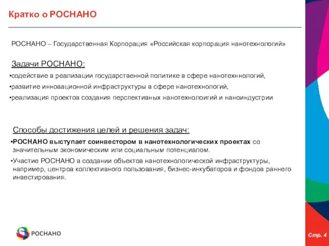 Кратко о РОСНАНО РОСНАНО – Государственная Корпорация «Российская корпорация нанотехнологий» Задачи РОСНАНО: