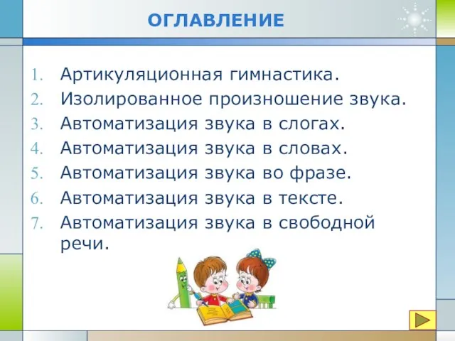 ОГЛАВЛЕНИЕ Артикуляционная гимнастика. Изолированное произношение звука. Автоматизация звука в слогах. Автоматизация звука