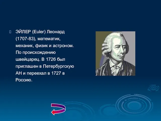 ЭЙЛЕР (Euler) Леонард (1707-83), математик, механик, физик и астроном. По происхождению швейцарец.