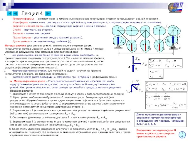 Лекция 4 Плоские фермы – Геометрически неизменяемые стержневые конструкции, стержни которых лежат