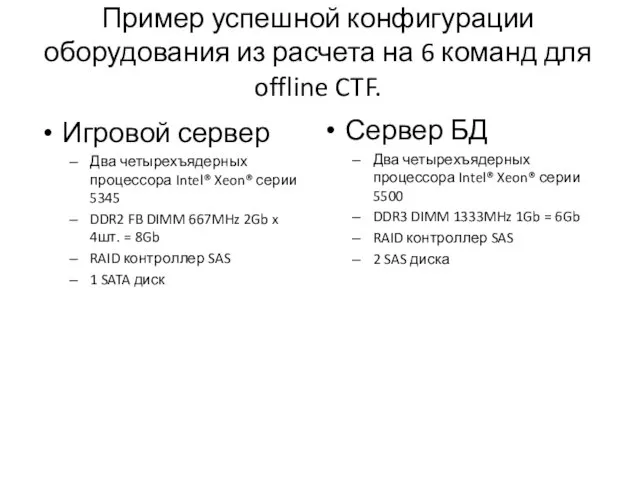 Пример успешной конфигурации оборудования из расчета на 6 команд для offline CTF.